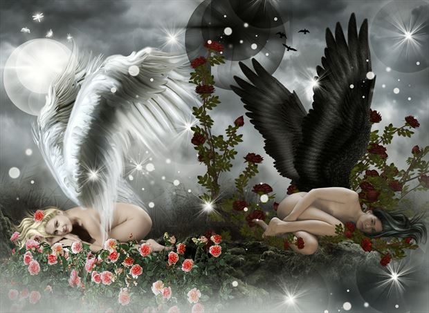  light vs dark angel fantasy artwork by artist karinclaessonart