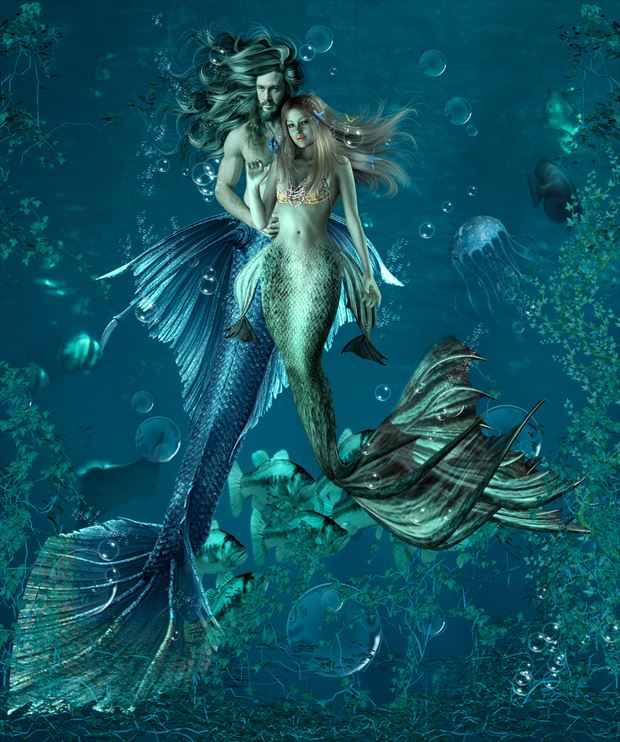  mermaid couple fantasy artwork by artist karinclaessonart