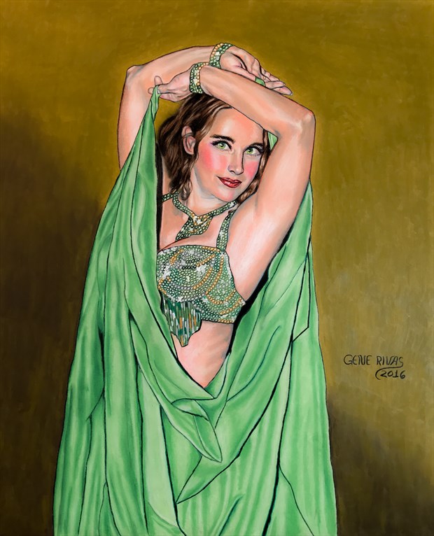 Belly Dancer in the Green Veil Glamour Artwork by Artist Gene Rivas