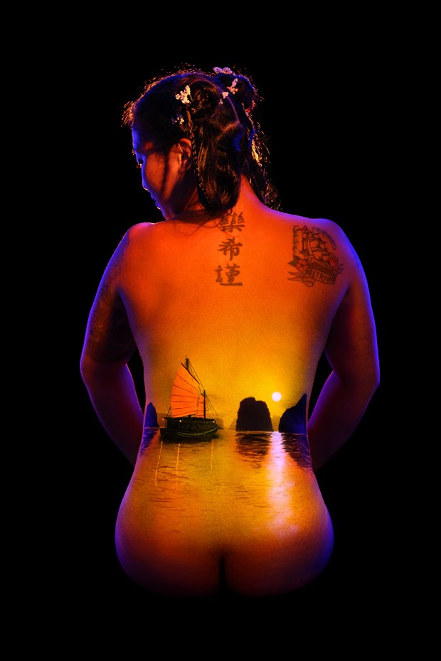 Chinese Junk (boat) Body Painting Artwork by Photographer Under Black Light
