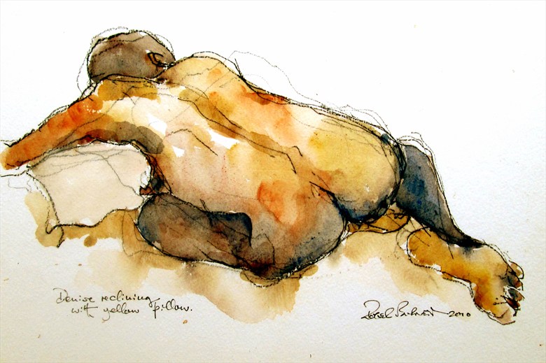 Denise reclining on pillow Artistic Nude Artwork by Artist Roger Burnett