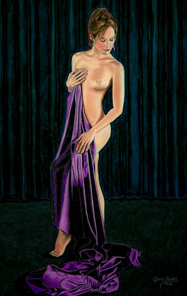 Holding the Purple Sheet Artistic Nude Artwork by Artist Gene Rivas