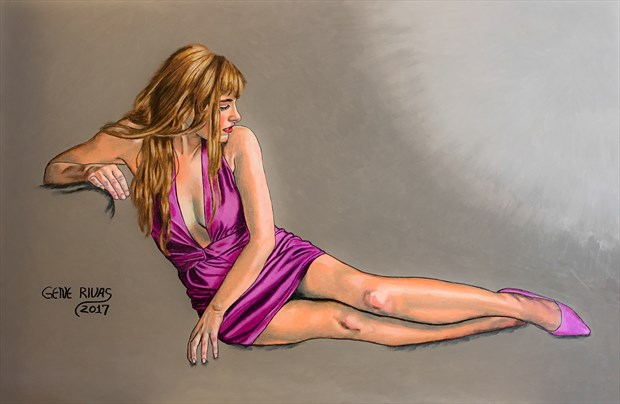Lady in the Dark Lavender Dress Glamour Artwork by Artist Gene Rivas