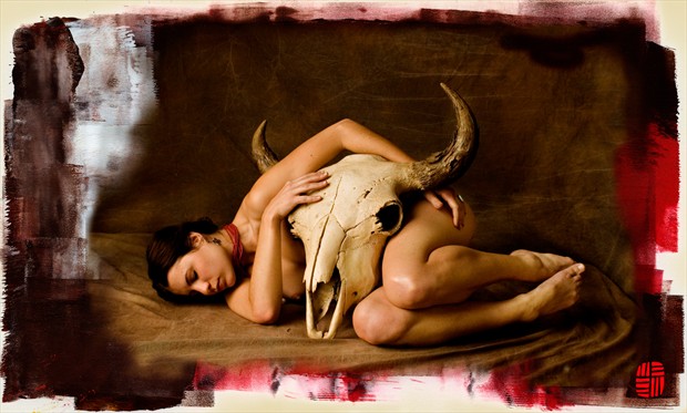 Model with Buffalo Skull Artistic Nude Photo by Photographer John Running Studio