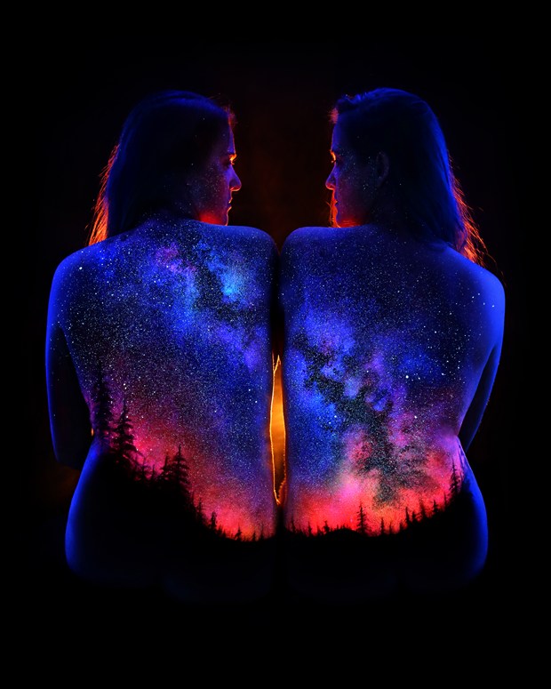 Mountain Milkyway Body Painting Artwork by Photographer Under Black Light