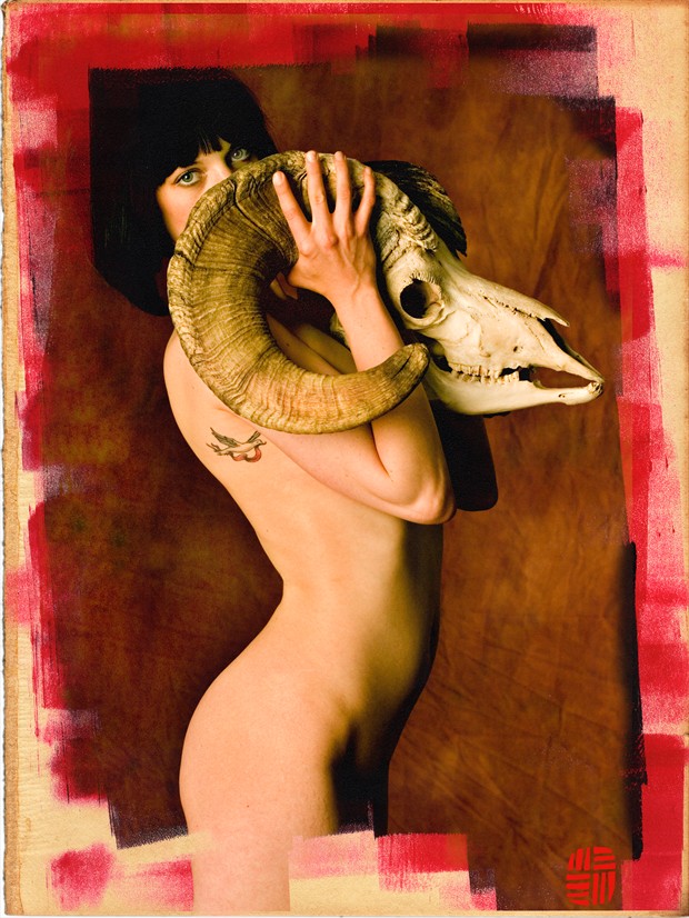 Natalie with Big horn skull Artistic Nude Photo by Photographer John Running Studio