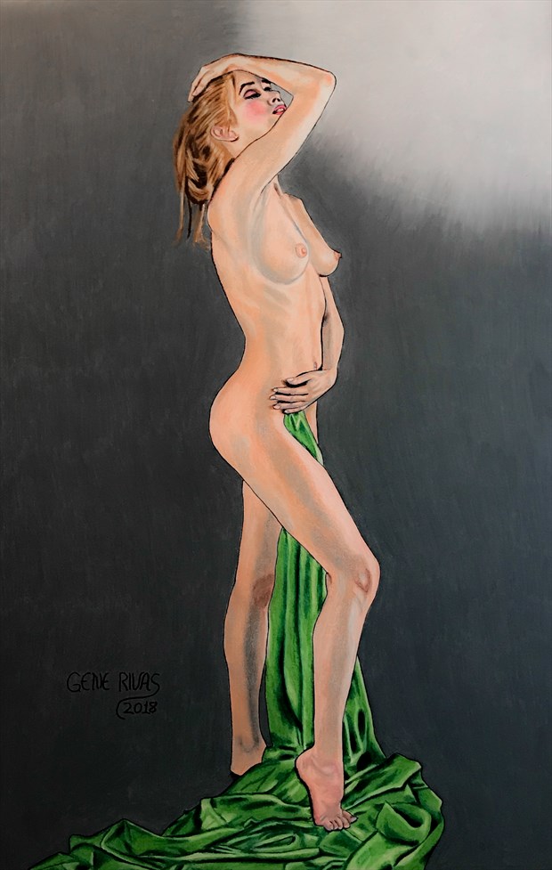 Nude Holding the Green Sheet Artistic Nude Artwork by Artist Gene Rivas