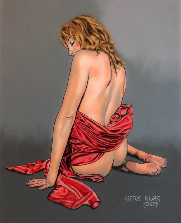 Nude Wrapped in the Red Sheet Artistic Nude Artwork by Artist Gene Rivas