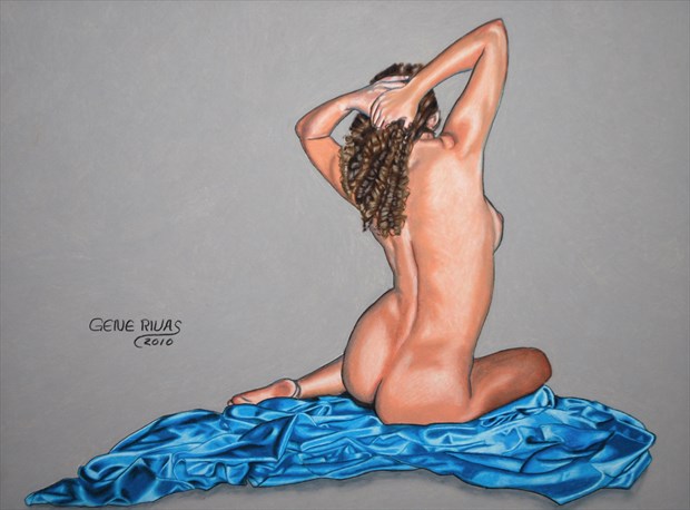 Nude on Blue Sheet Artistic Nude Artwork by Artist Gene Rivas