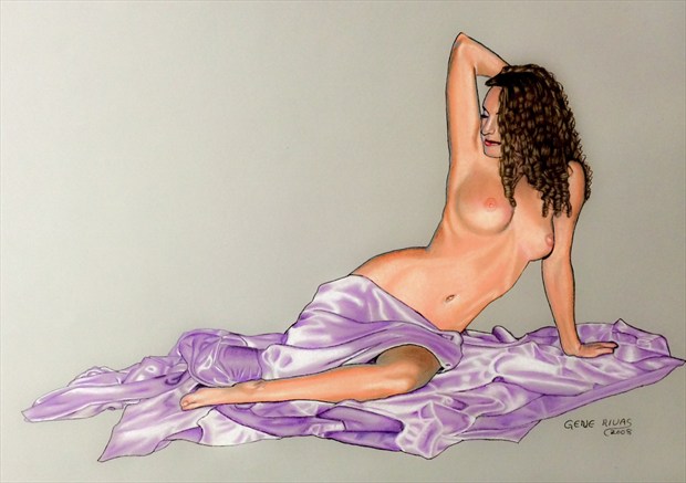 Nude on Purple Sheet Artistic Nude Artwork by Artist Gene Rivas