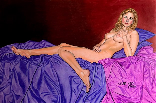Nude on Violet Pillows Artistic Nude Artwork by Artist Gene Rivas