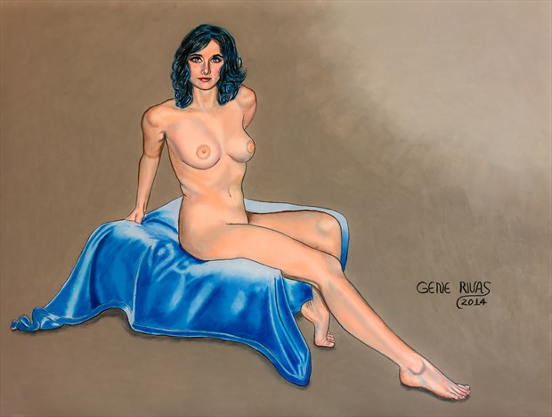 Nude on the Blue Ottoman Artistic Nude Artwork by Artist Gene Rivas