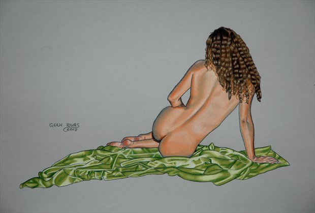 Nude on the Light Green Sheet Artistic Nude Artwork by Artist Gene Rivas