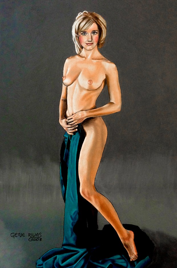 Nude with Aquamarine Sheet Artistic Nude Artwork by Artist Gene Rivas