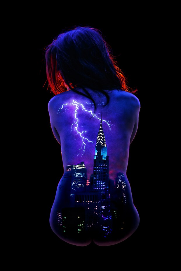 Storm Over New York Body Painting Artwork by Photographer Under Black Light