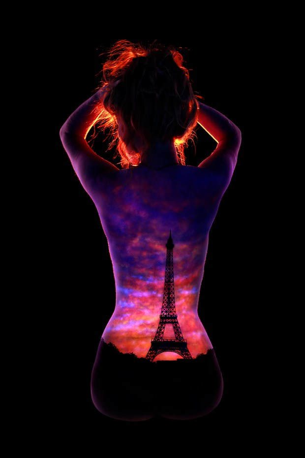 Sunset Over Paris Body Painting Artwork by Photographer Under Black Light