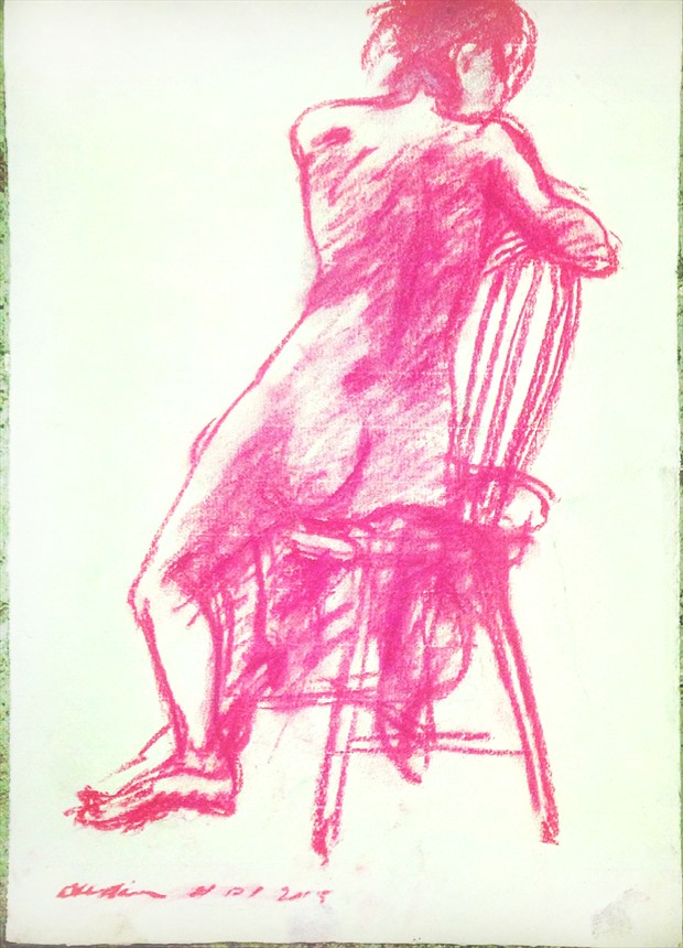 WOMAN SEATED FROM BACK IN PINK Artistic Nude Artwork by Artist MUSEUMOFDRAWING