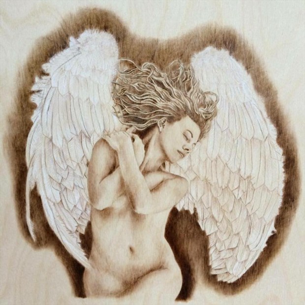 Wooden Angel Art (pyrography) Artistic Nude Artwork by Model Riccella