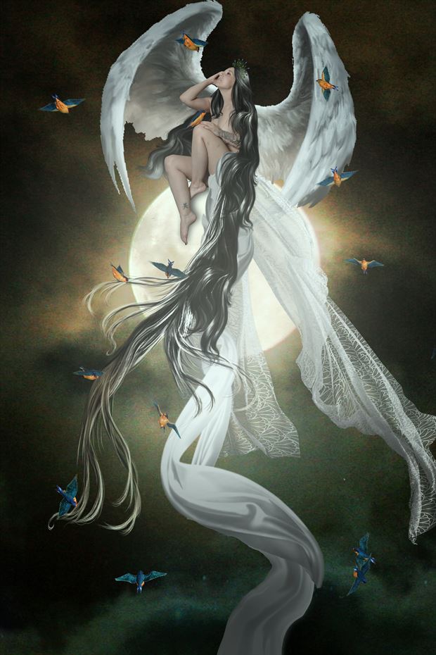 angel bluebirds and the moon fantasy artwork by artist karinclaessonart