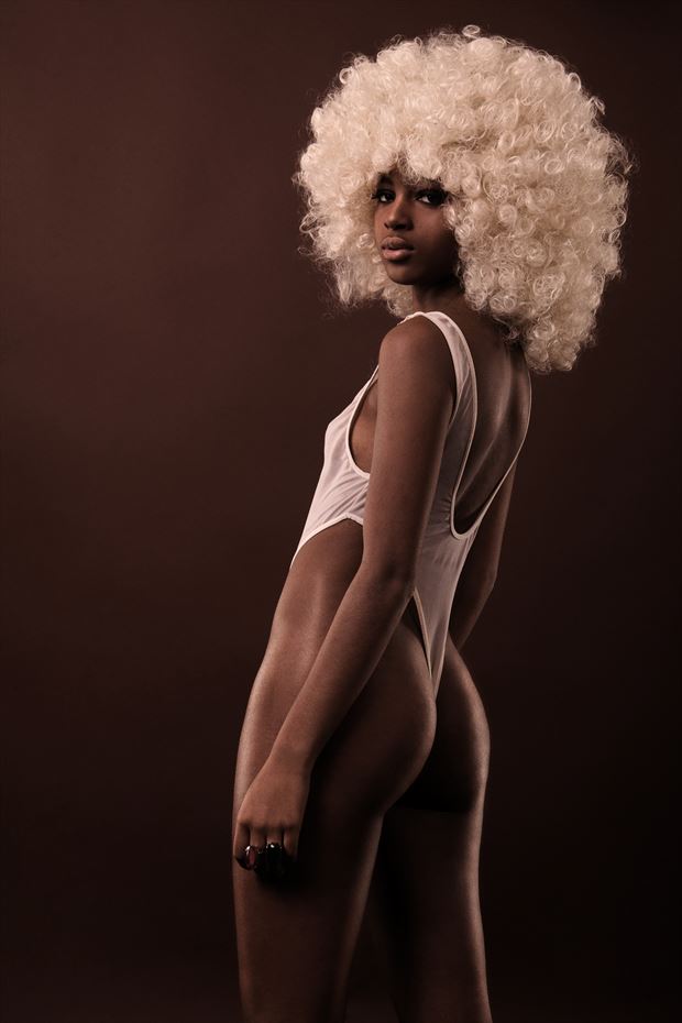 black girl in white bodysuit high leg lingerie photo by photographer fred