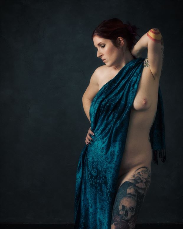 blue scarf artistic nude artwork by model redd