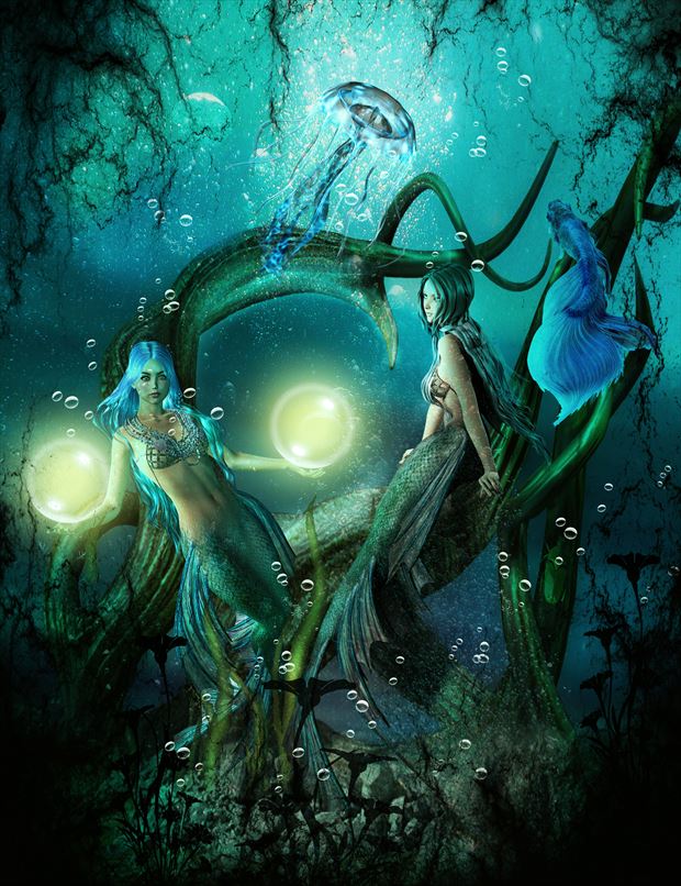 bubble lights for mermaids surreal artwork by artist karinclaessonart