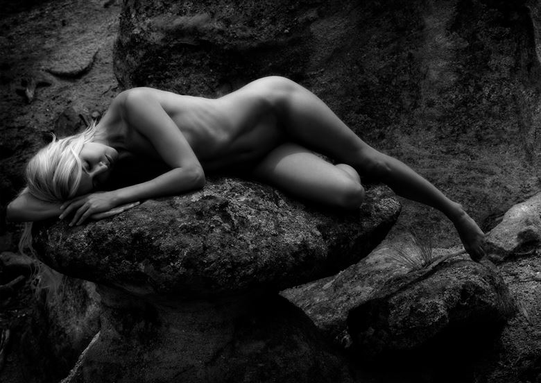 c on moss rock in black white artistic nude photo by photographer ksm