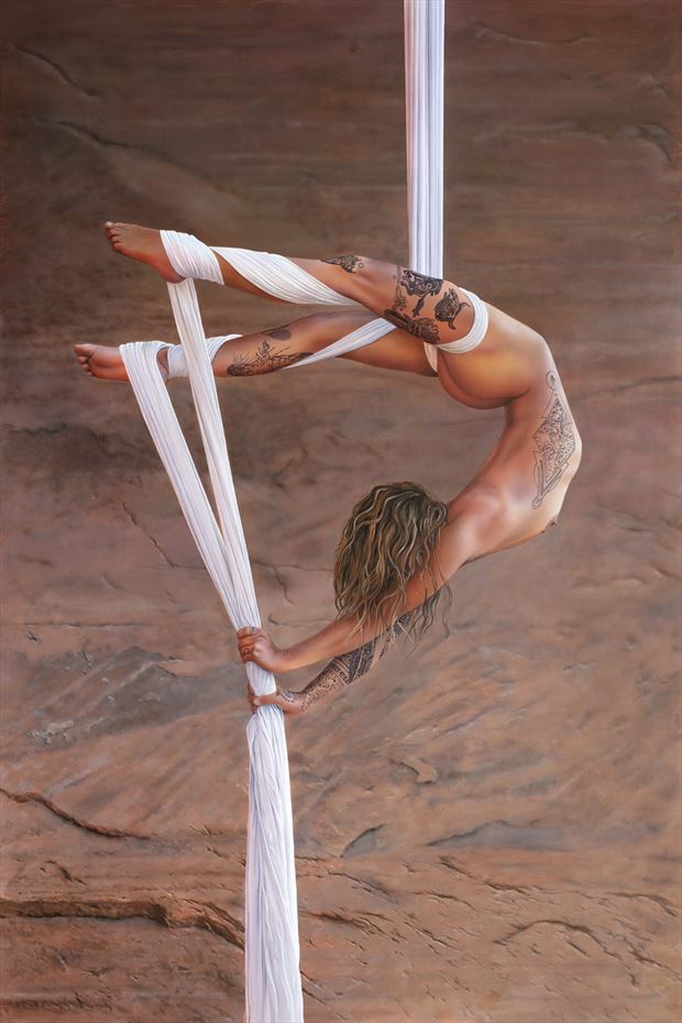 flying cadi acrylic painting on canvas artistic nude artwork by artist johannes wessmark