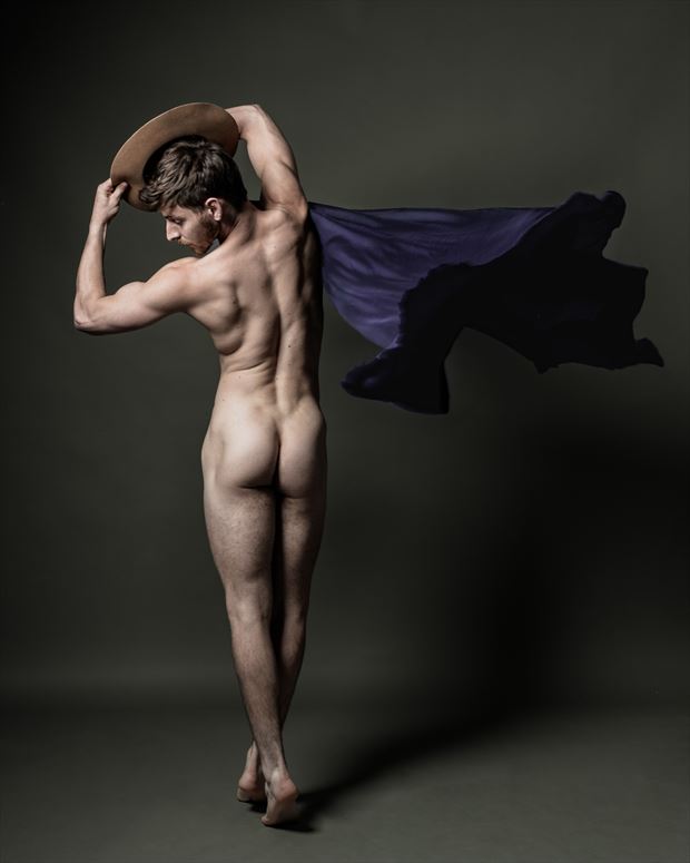 jacob with purple fabric and hat artistic nude photo by photographer david clifton strawn