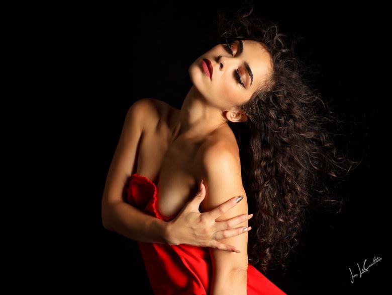 julia in red glamour artwork by photographer jon lecoultre