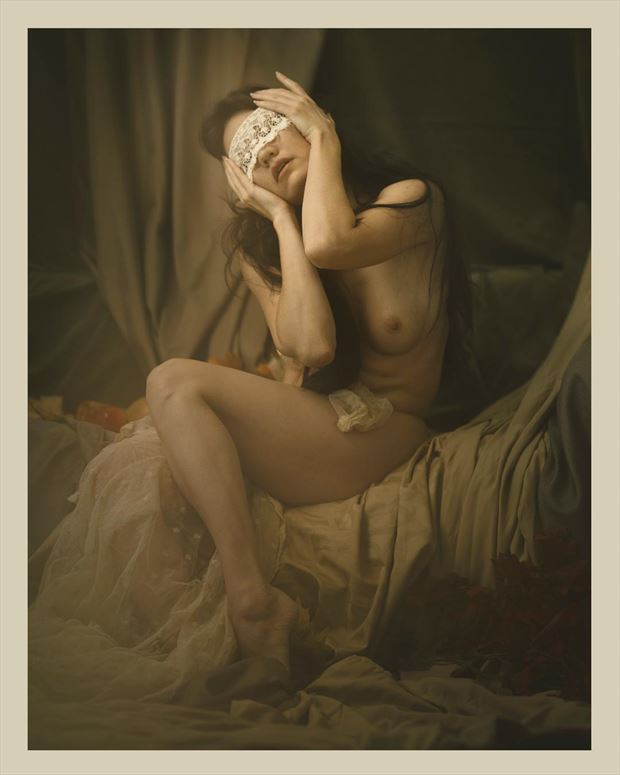 lace blindfold with p r brown artistic nude photo by model catalina cruise