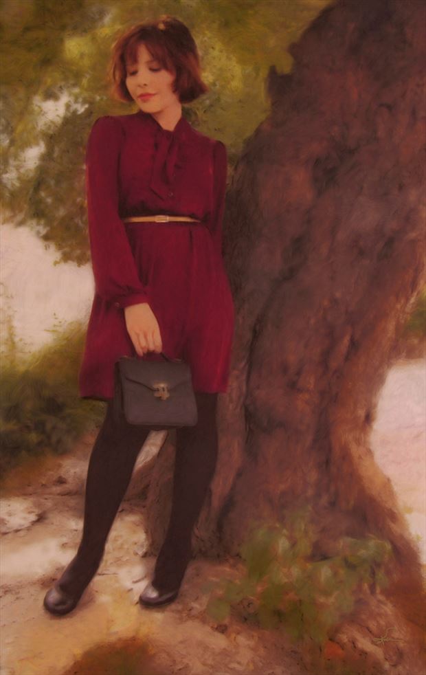marcela in a wine colored dress nature artwork by artist van evan fuller