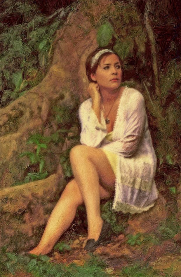 marci in white in an ancient forest nature artwork by artist van evan fuller