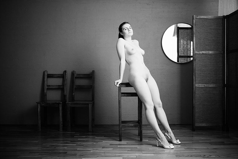 nude leaning on a high stool artistic nude artwork by photographer estergom