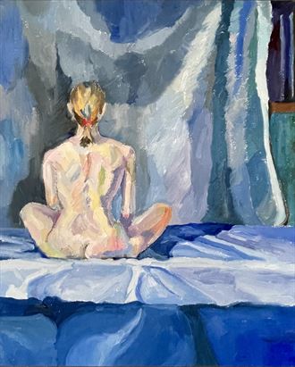 seated in blue artistic nude artwork by artist twopearsstudio