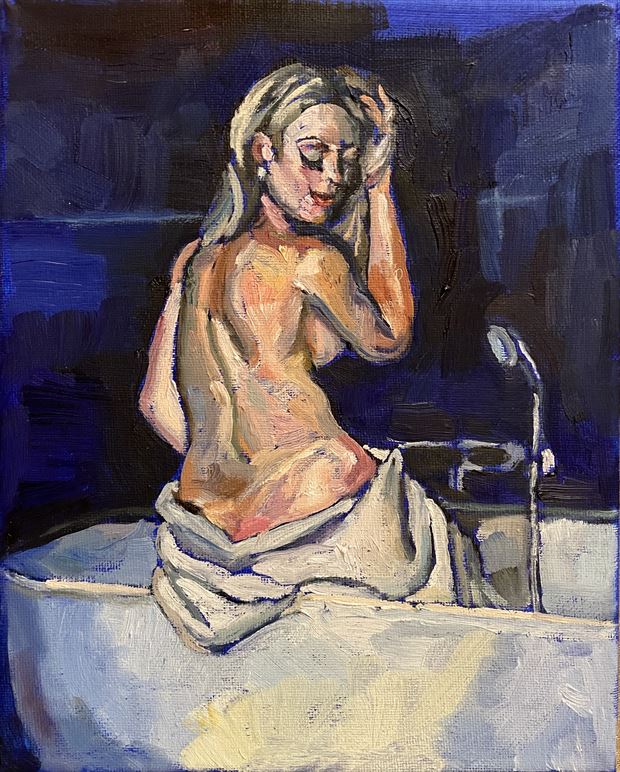 seated on the tub artistic nude artwork by artist twopearsstudio