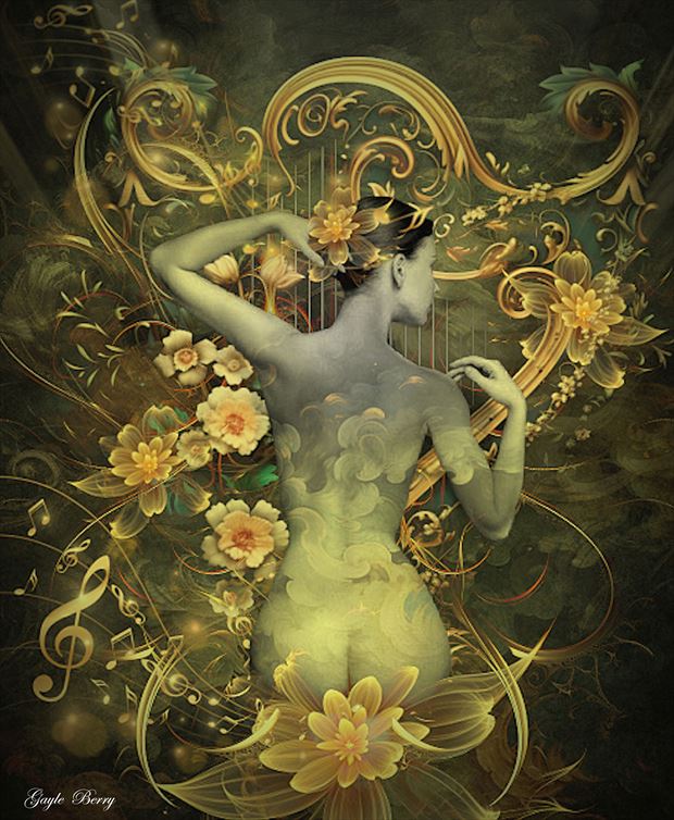sensual harpist artistic nude artwork by artist gayle berry