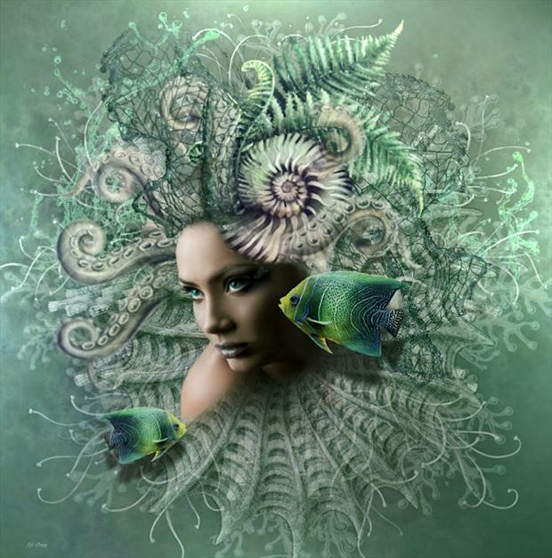 she slips among the waves and sea creatures 02 fantasy artwork by artist gayle berry