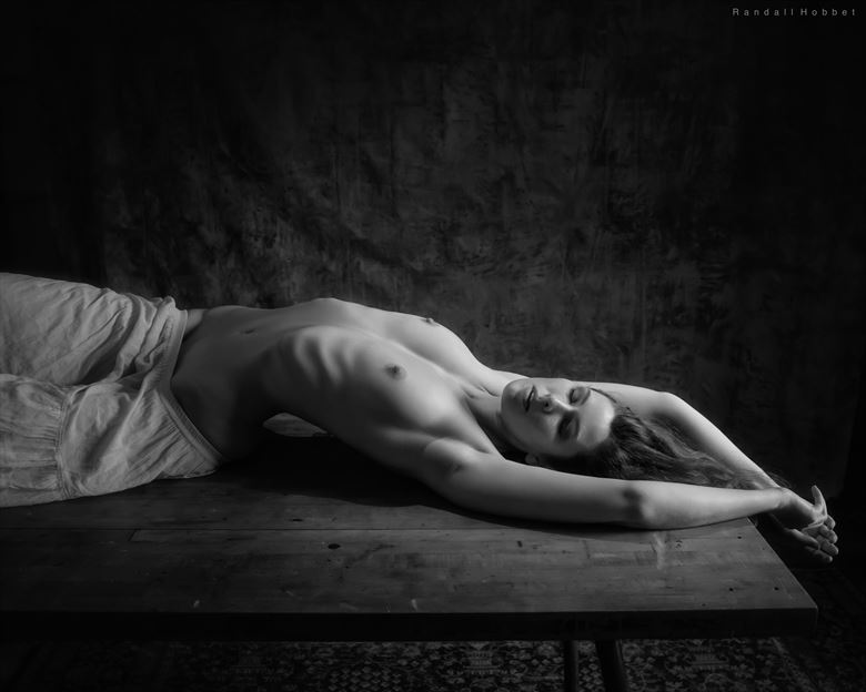 sienna stretched on the board artistic nude photo by photographer randall hobbet