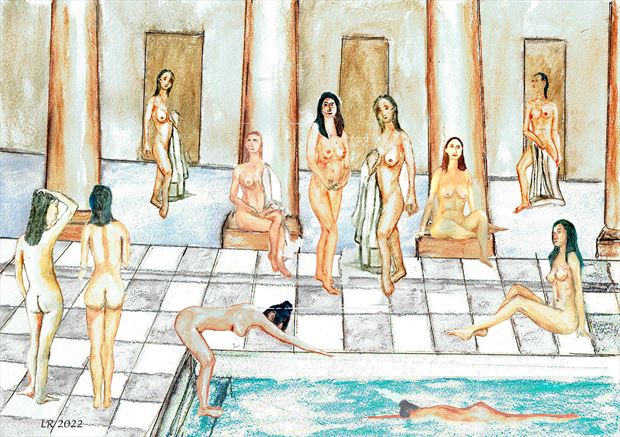 sisters in a roman bath house artistic nude artwork by photographer barleyfields