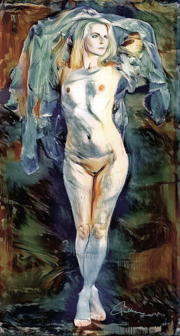 standing nude in brown and sea green artistic nude artwork by artist van evan fuller