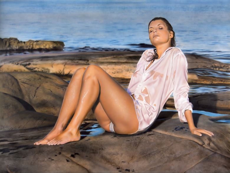 sunset girl painting bikini artwork by artist johannes wessmark
