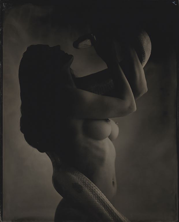 woman with snake tintype artistic nude photo by photographer kevinblack