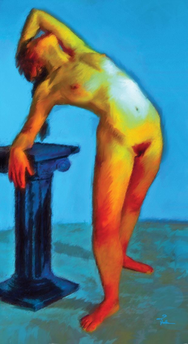 yellow girl on blue artistic nude artwork by artist van evan fuller