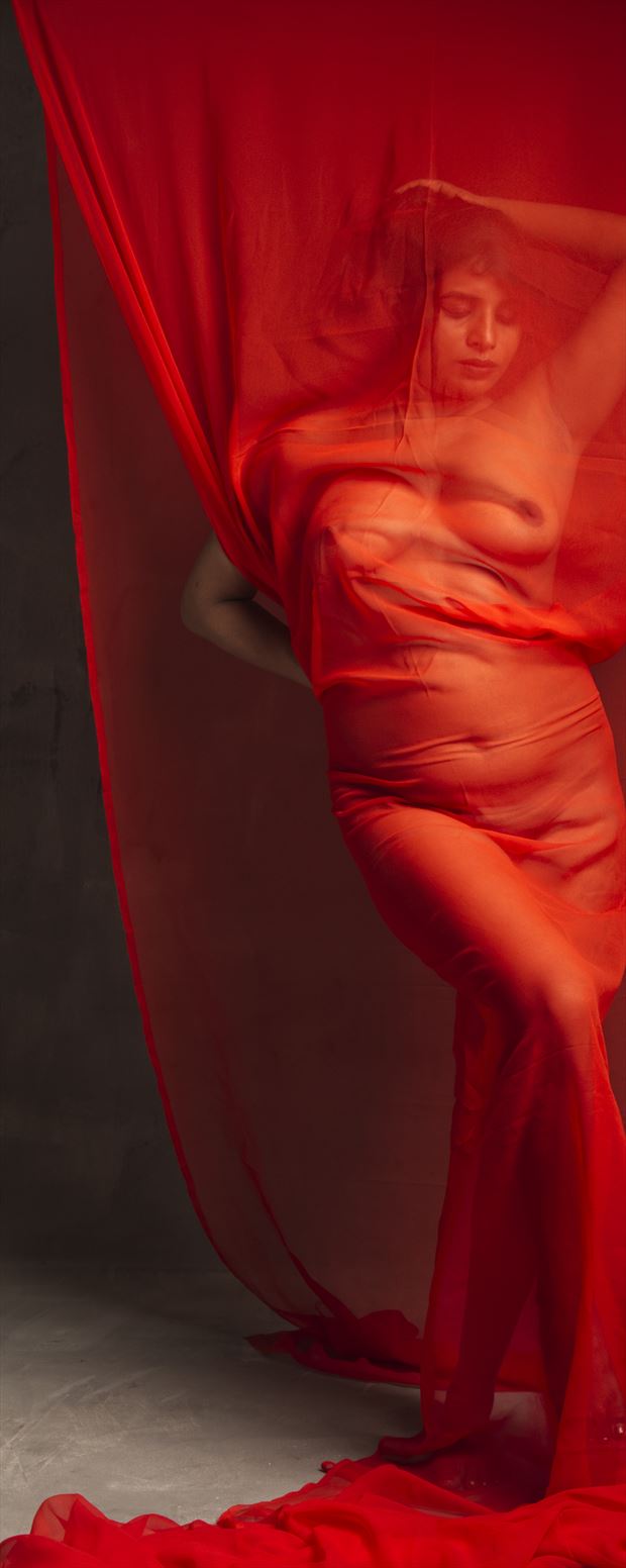 red fabric artistic nude photo print by photographer inder gopal